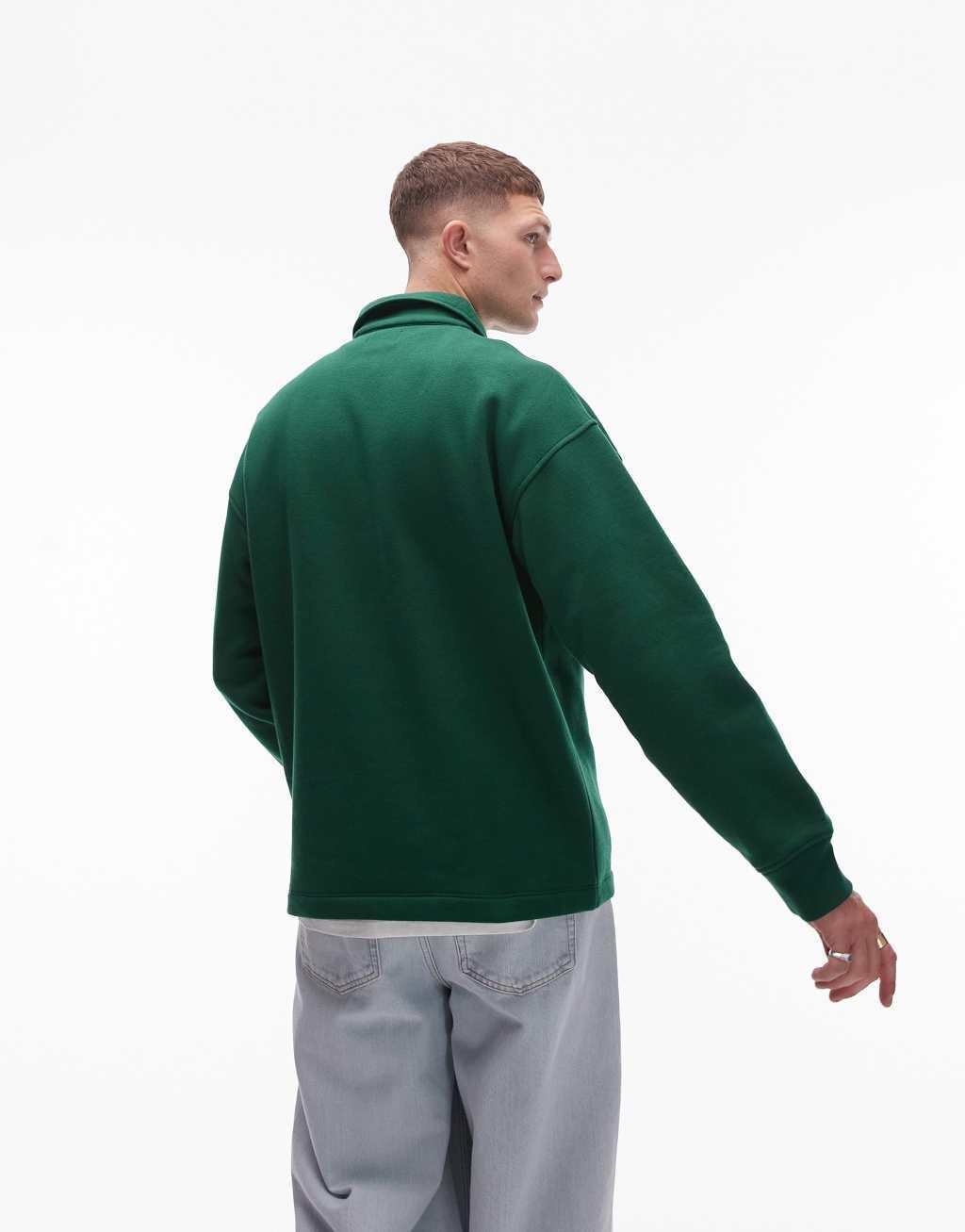 Topman oversized long sleeve sweats polo in green Product Image