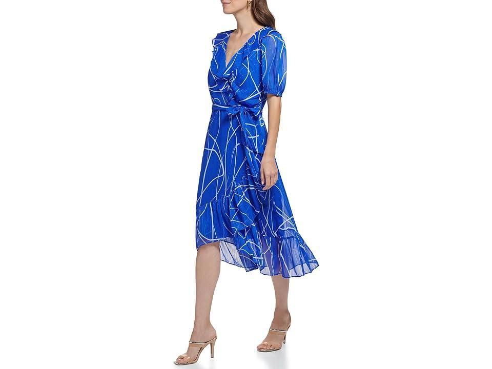 DKNY Sleeveless Ruffled Belted Dress (Deep Cobalt/Cream) Women's Dress Product Image