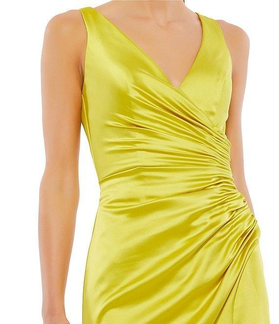 Mac Duggal Satin Surplice V-Neck Sleeveless Thigh High Slit Ruched Faux Wrap Midi Dress Product Image