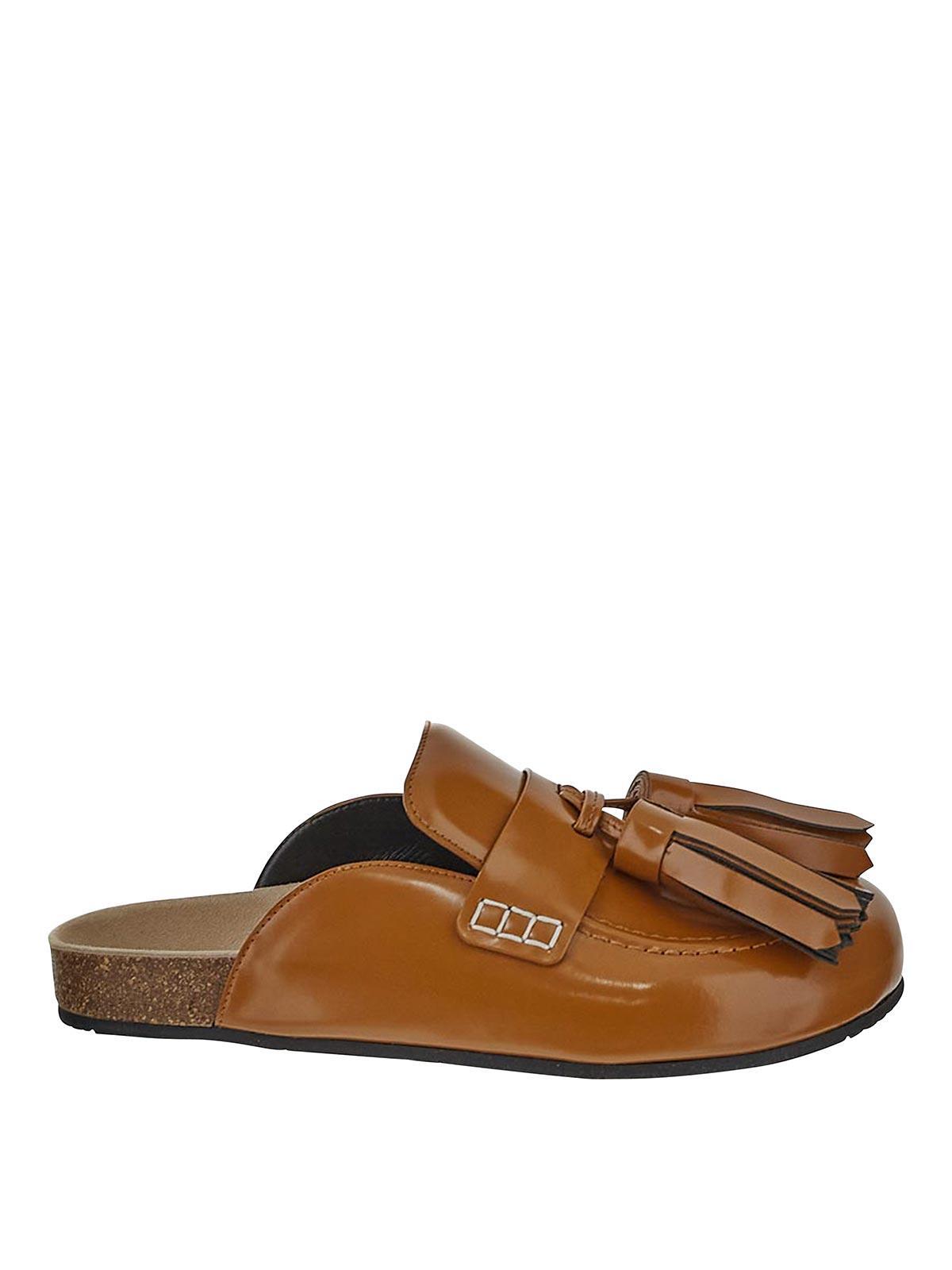 JW ANDERSON Brown Tasselled Leather Loafer Mules In Tan Product Image