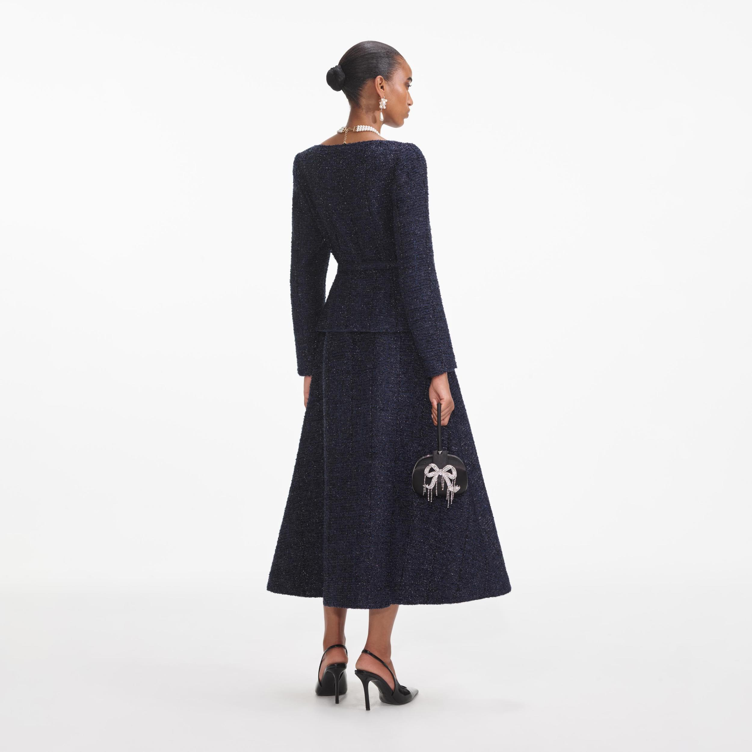 Navy Metallic Boucle Midi Dress Product Image