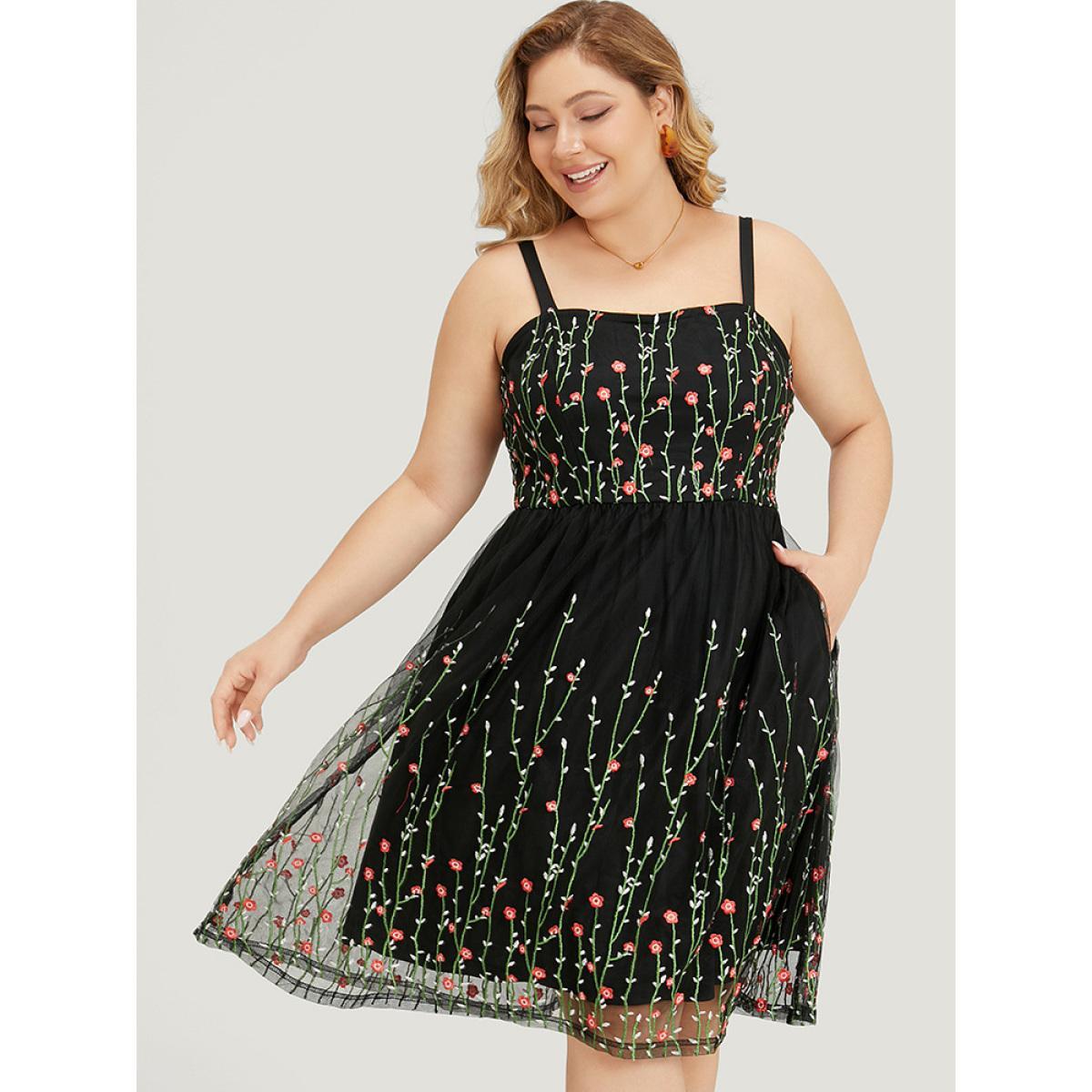 Plus Size Floral Embroidered Mesh Ruffle Hem Pocket Cami Dress Black Women Glamour Adjustable Straps Spaghetti Strap Sleeveless Curvy Knee Dress BloomChic 10/M Product Image