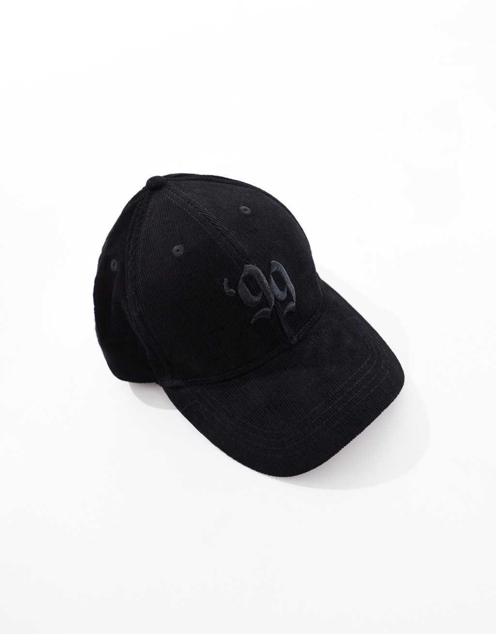 ASOS DESIGN cord baseball cap with graphic in black Product Image