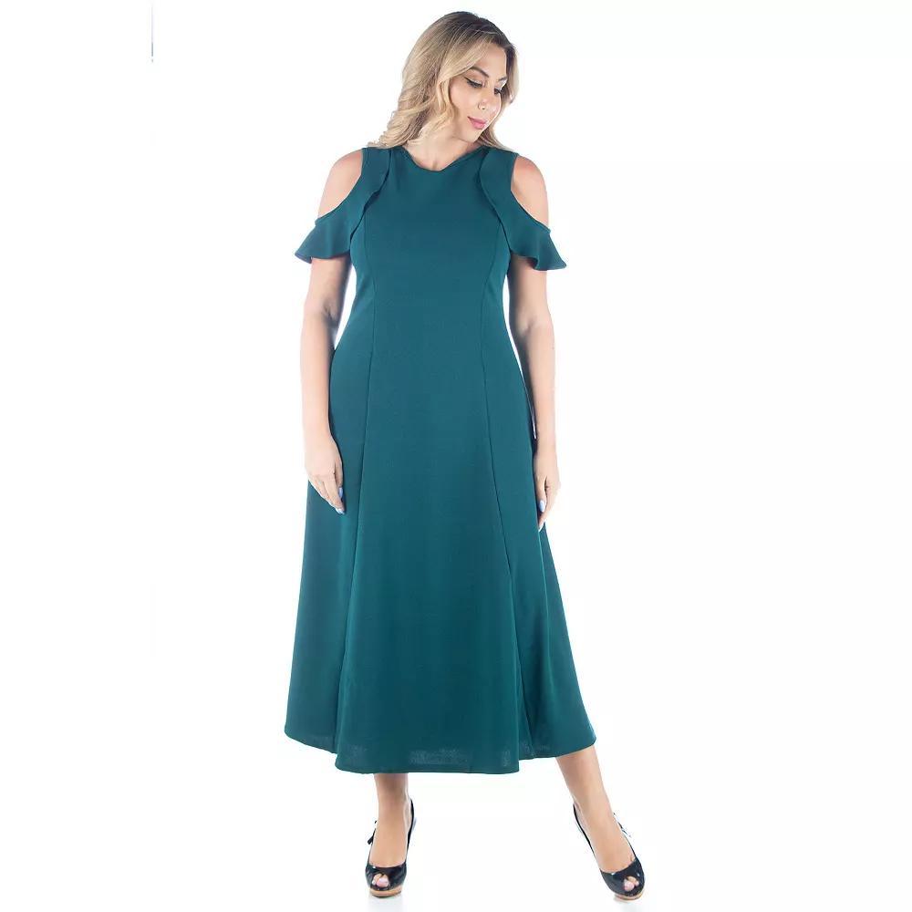 Plus Size 24seven Comfort Apparel Ruffle Cold Shoulder A-Line Maxi Dress, Women's, Size: 3XL, Green Product Image