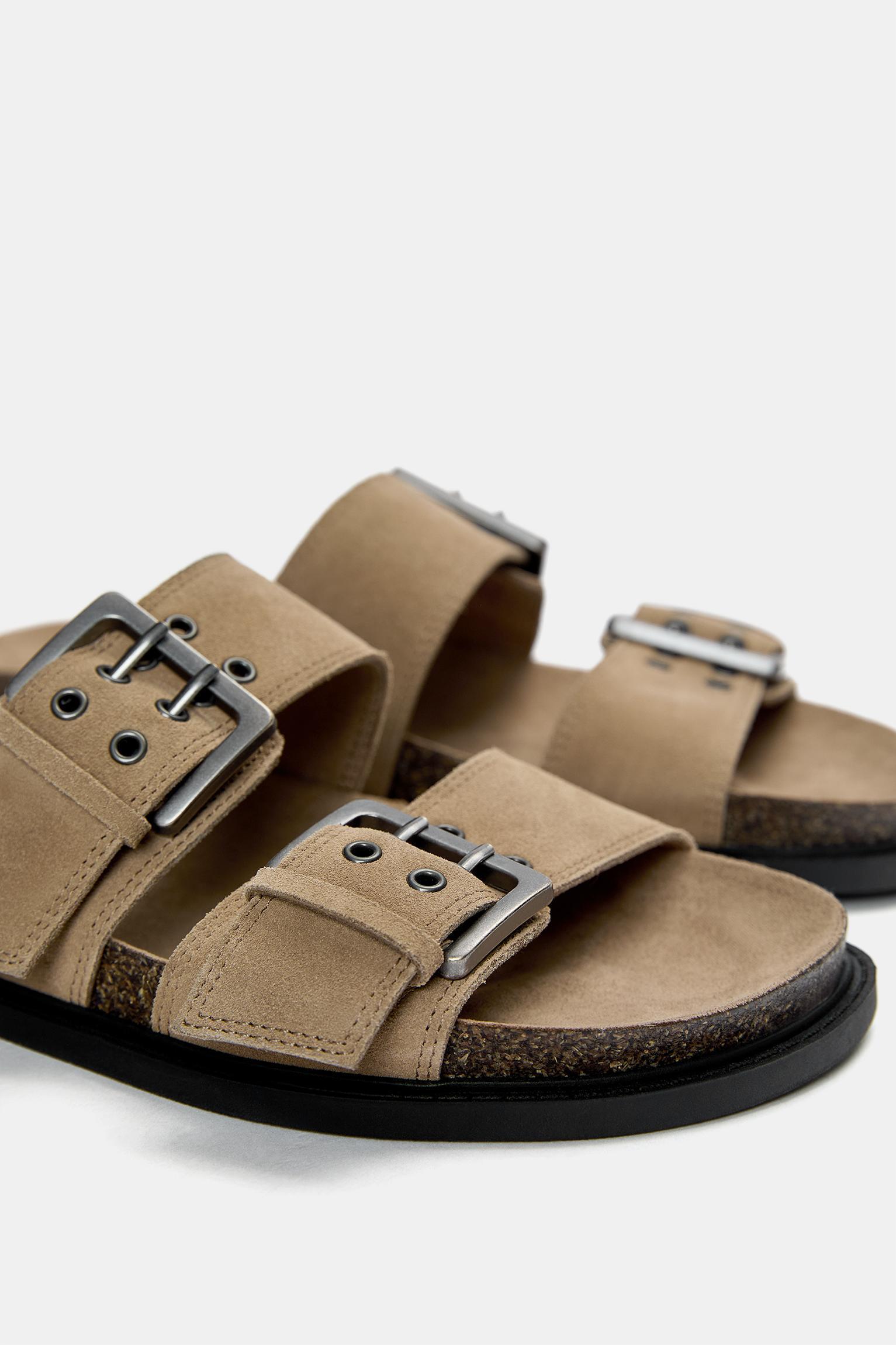 Leather flat sandals with buckles Product Image