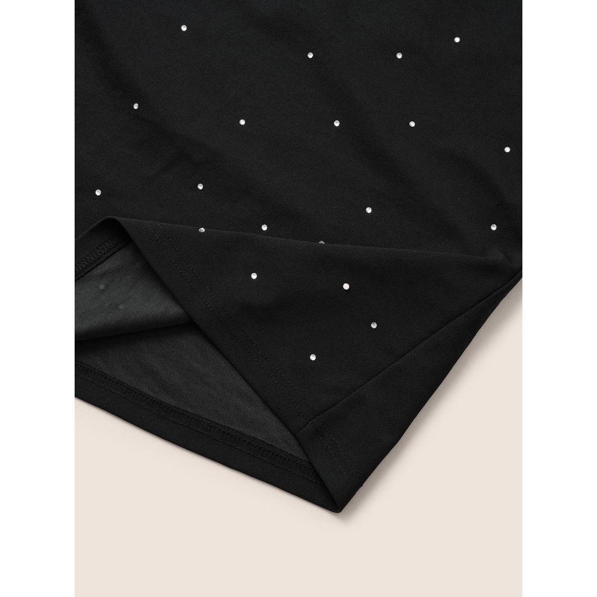 Plus Size Rhinestone Notched Pocket Curved Hem Dress Black Women Glamour Rhinestone detailing Notched collar Half Sleeve Curvy Midi Dress BloomChic 12/L Product Image