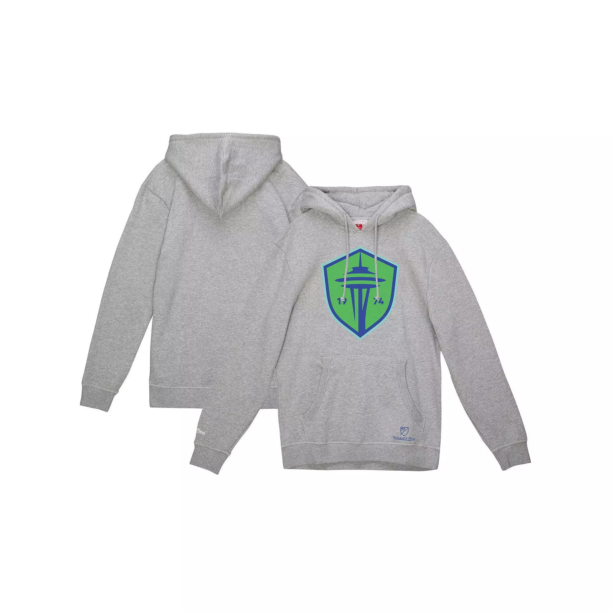 Men's Mitchell & Ness Heather Gray Seattle Sounders FC Primary Logo Pullover Hoodie, Size: 2XL, Grey Product Image