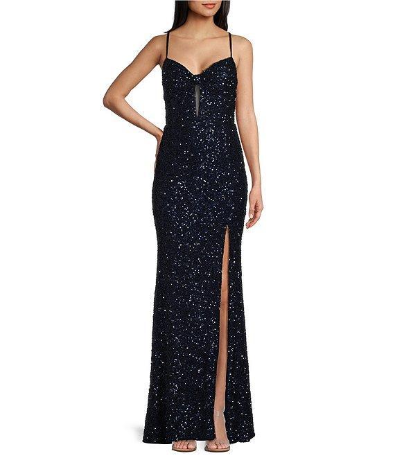 B. Darlin Mesh Sequin Spaghetti Strap V-Neck Dress Product Image