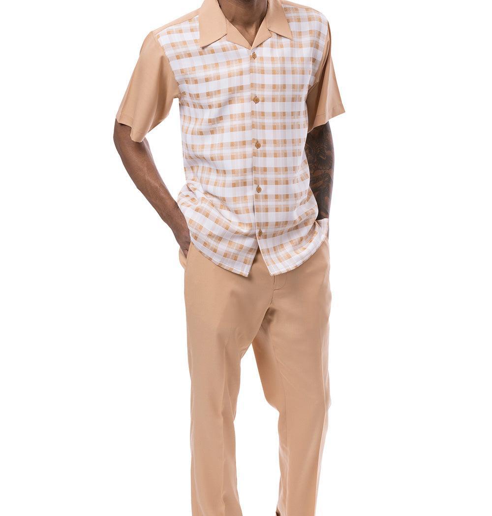 Tan Shadow Plaid Design Walking Suit 2 Piece Short Sleeve Set Product Image