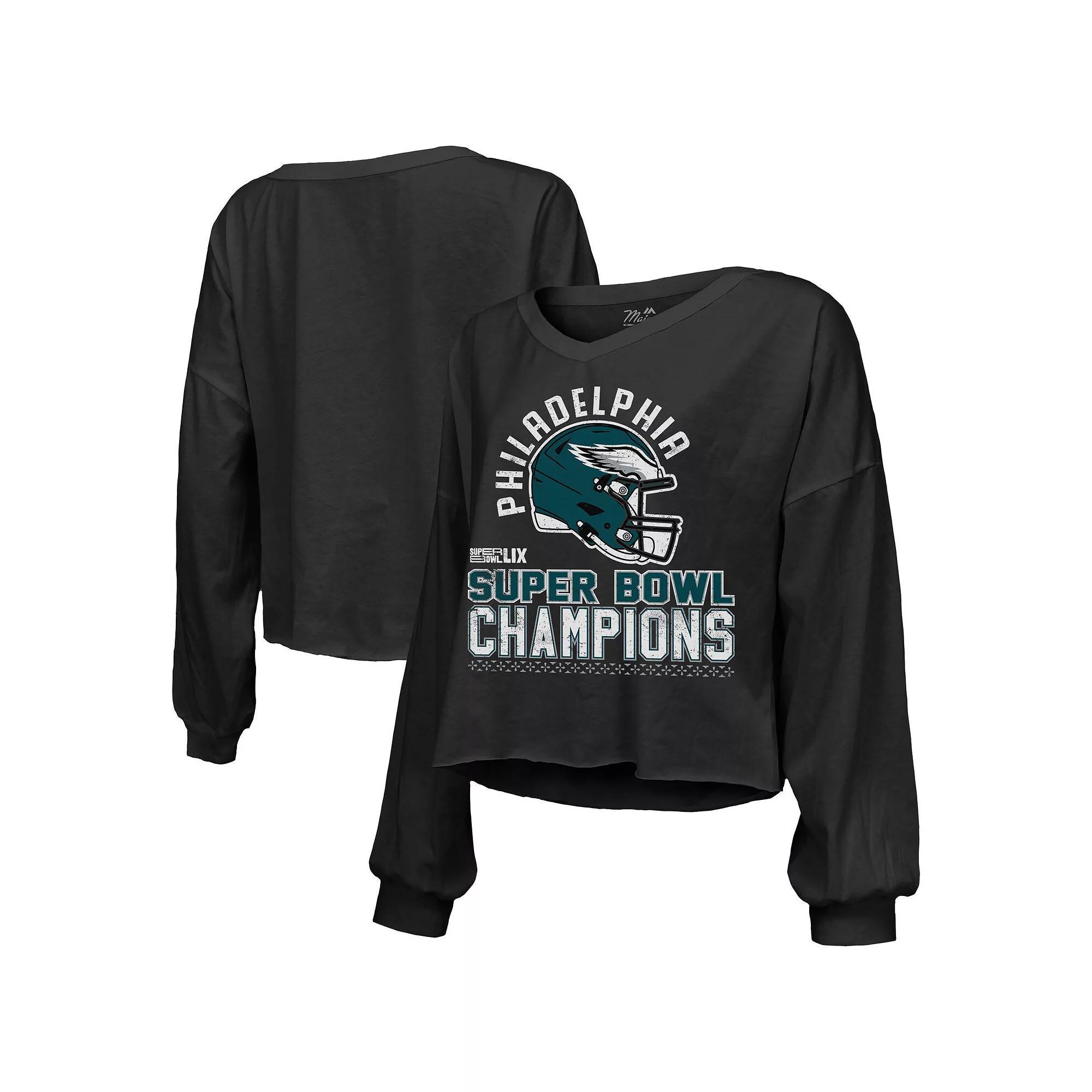 Women's Majestic Threads  Black Philadelphia Eagles Super Bowl LIX Champions Hard Count Off Shoulder V-Neck Long Sleeve T-Shirt, Size: 2XL Product Image