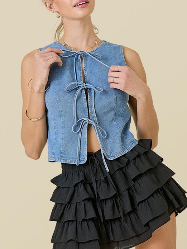 Loose Sleeveless Lace-Up Split-Joint Round-Neck Vest Top Product Image