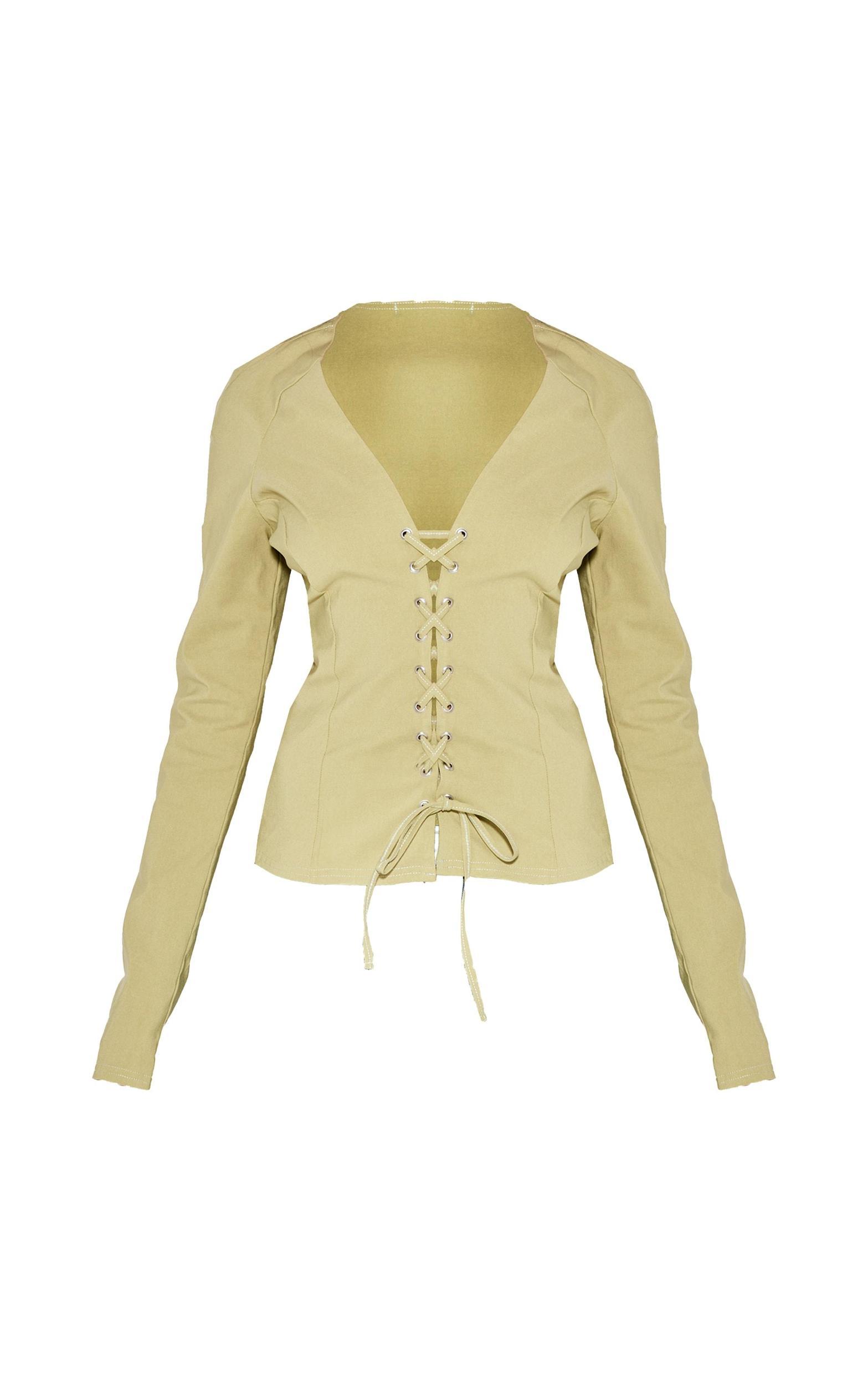 Sage Stretch Woven Tie Front Fitted Shirt Product Image