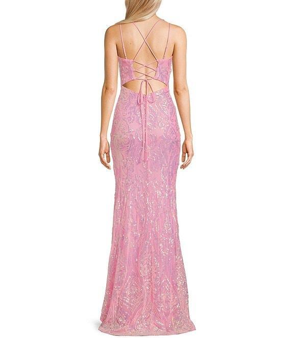 B. Darlin Sequin Pattern V-Neck Double Spaghetti Strap Lace Up Back Dress Product Image