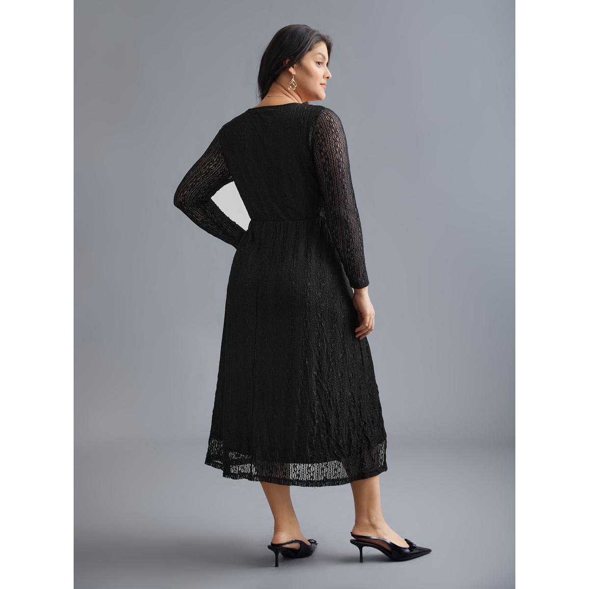 Plus Size Lace Panel Square Neck Tie Knot Dress Black Women Elegant Tie knot Square Neck Long Sleeve Curvy BloomChic 12/L Product Image