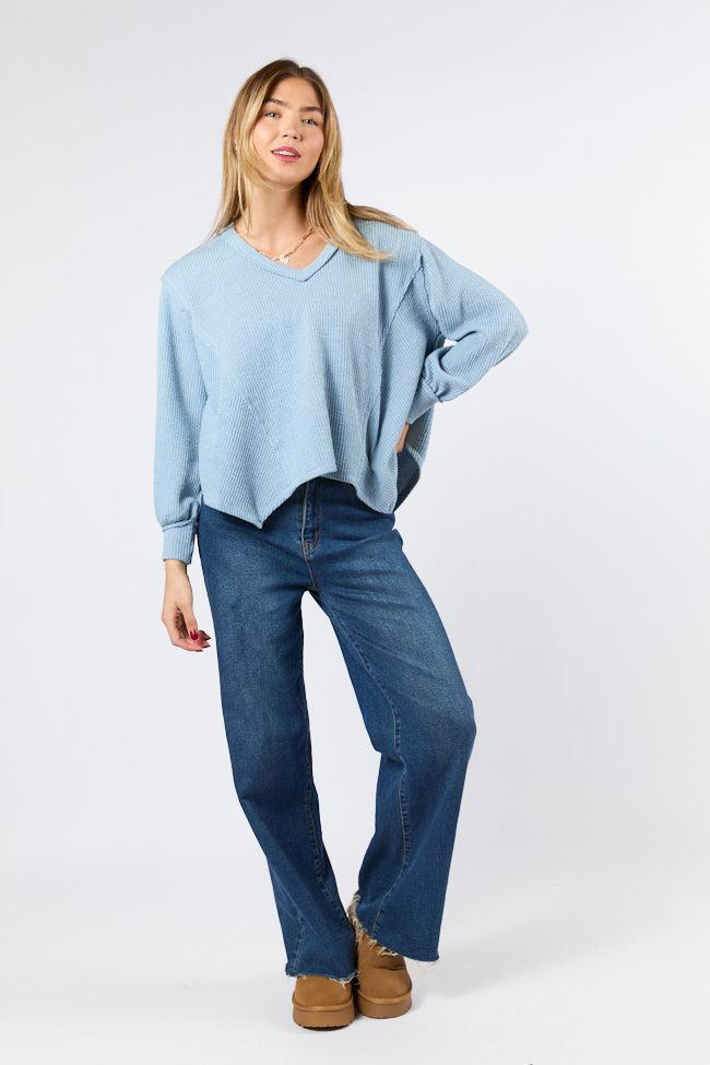 Never Say Never Dusty Blue Ribbed Knit V-Neck Long Sleeve Top FINAL SALE Product Image