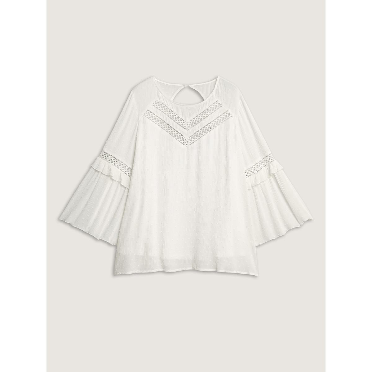 Plus Size WhiteSmoke Lace Trim Textured Flowy Solid Blouse Women Long Sleeve Round Neck Everyday-Elegant Blouses BloomChic 10/M Product Image