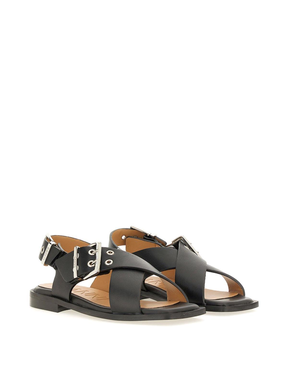 GANNI Black Sandals With Criss Cross Straps In Leather Woman Product Image