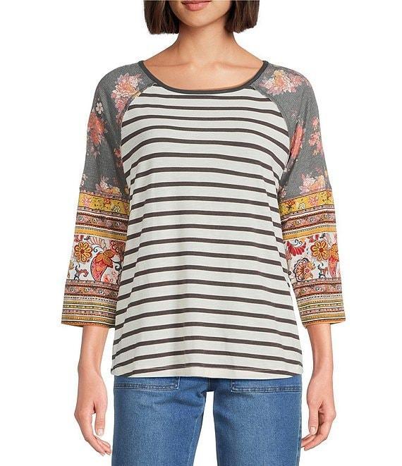 Multiples Petite Size Slub Knit Printed Scoop Neck 3/4 Raglan Sleeve Top Product Image