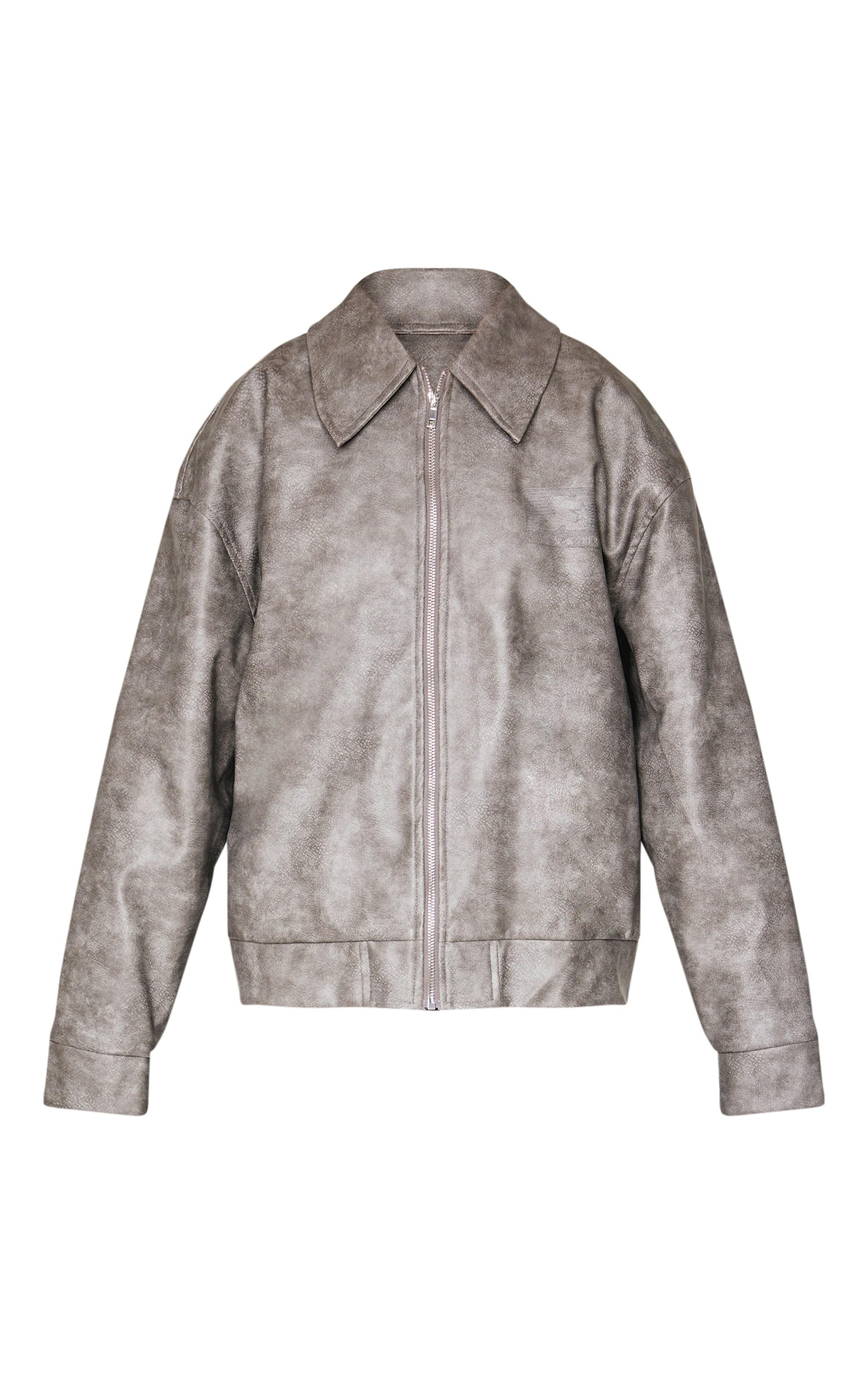 Charcoal Faux Leather Embossed Zip Up Jacket Product Image