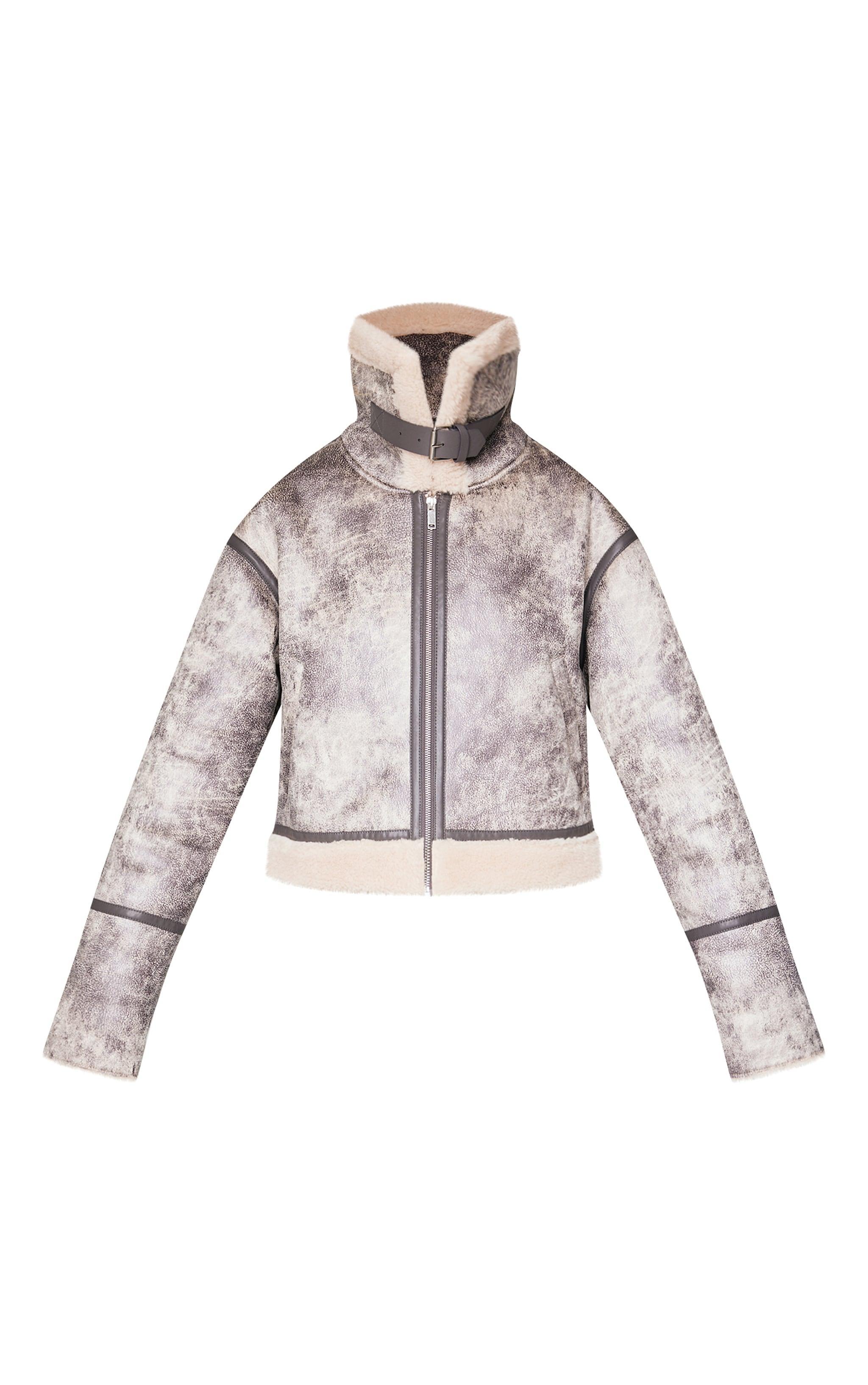 Charcoal Distressed Faux Leather Contrast Binding Aviator Jacket Product Image