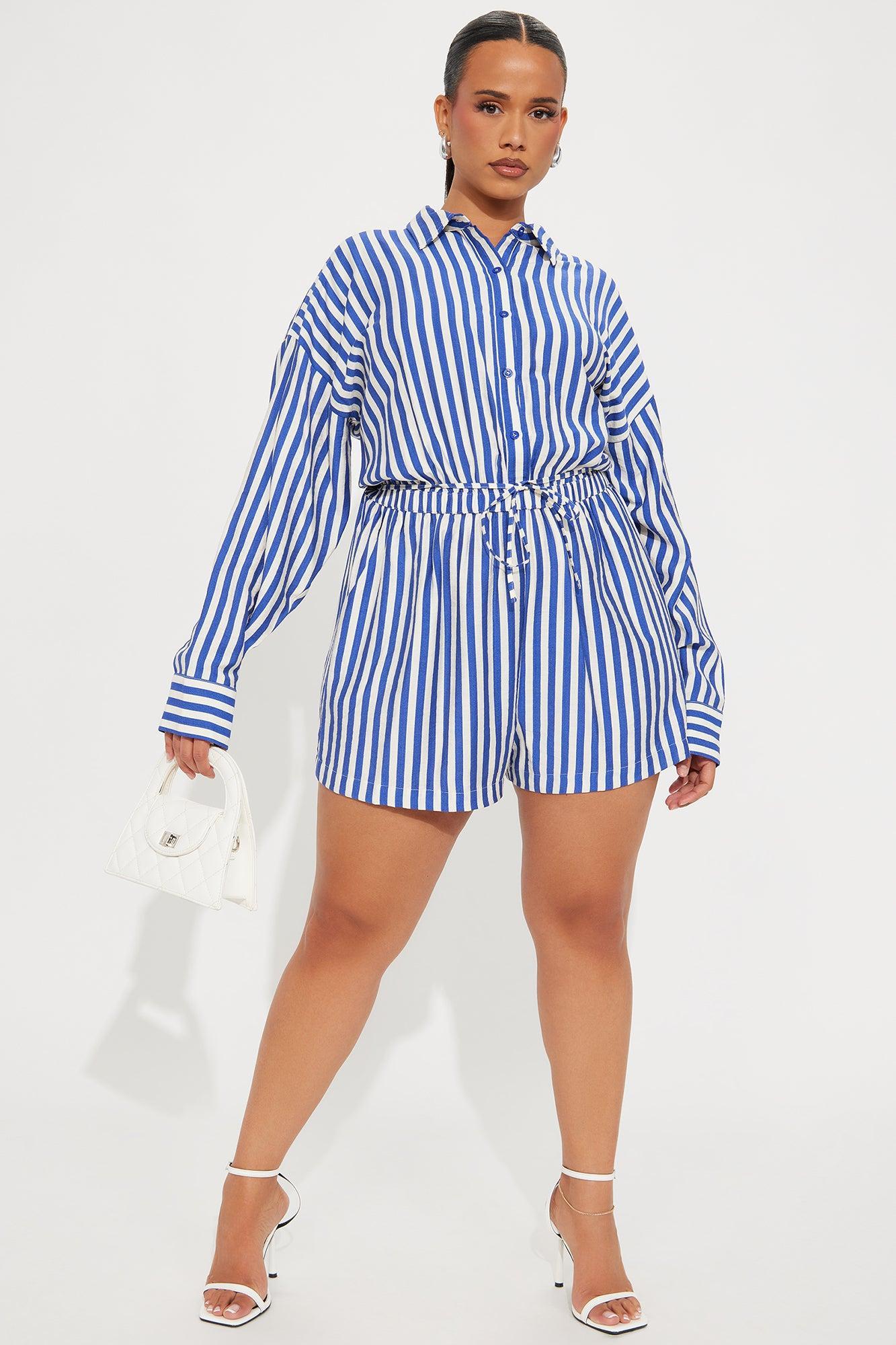 Callie Striped Romper - White/Blue Product Image