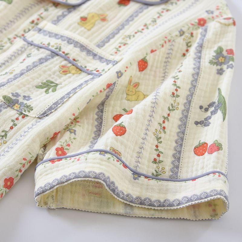 Pajama Set: Short-Sleeve Lapel Collar Floral Button Top + Lounge Shorts Product Image