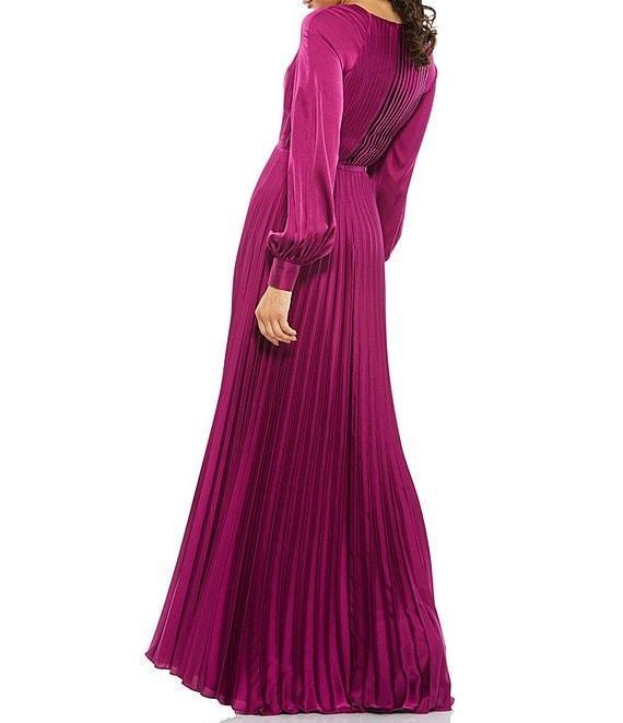 Mac Duggal Crew Neck Long Blouson Cuff Sleeve Pleated High Slit Gown Product Image