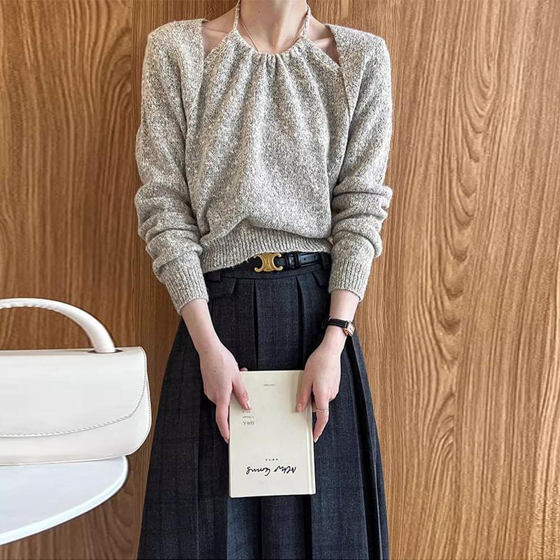 Long Sleeve Halter Melange Mock Two Piece Knit Top Product Image