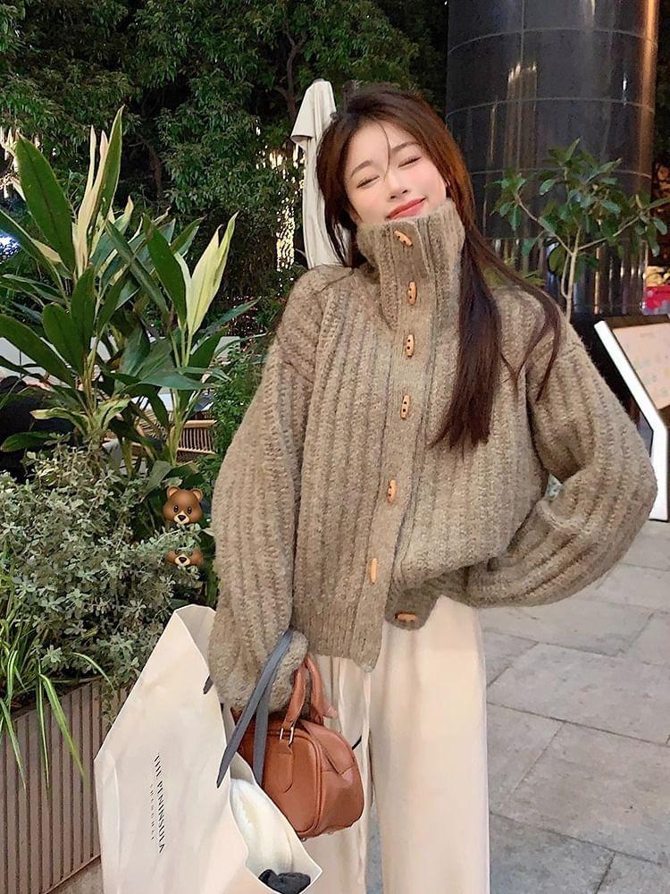 Turtleneck Plain Button Ribbed Knit Toggle Cardigan Product Image