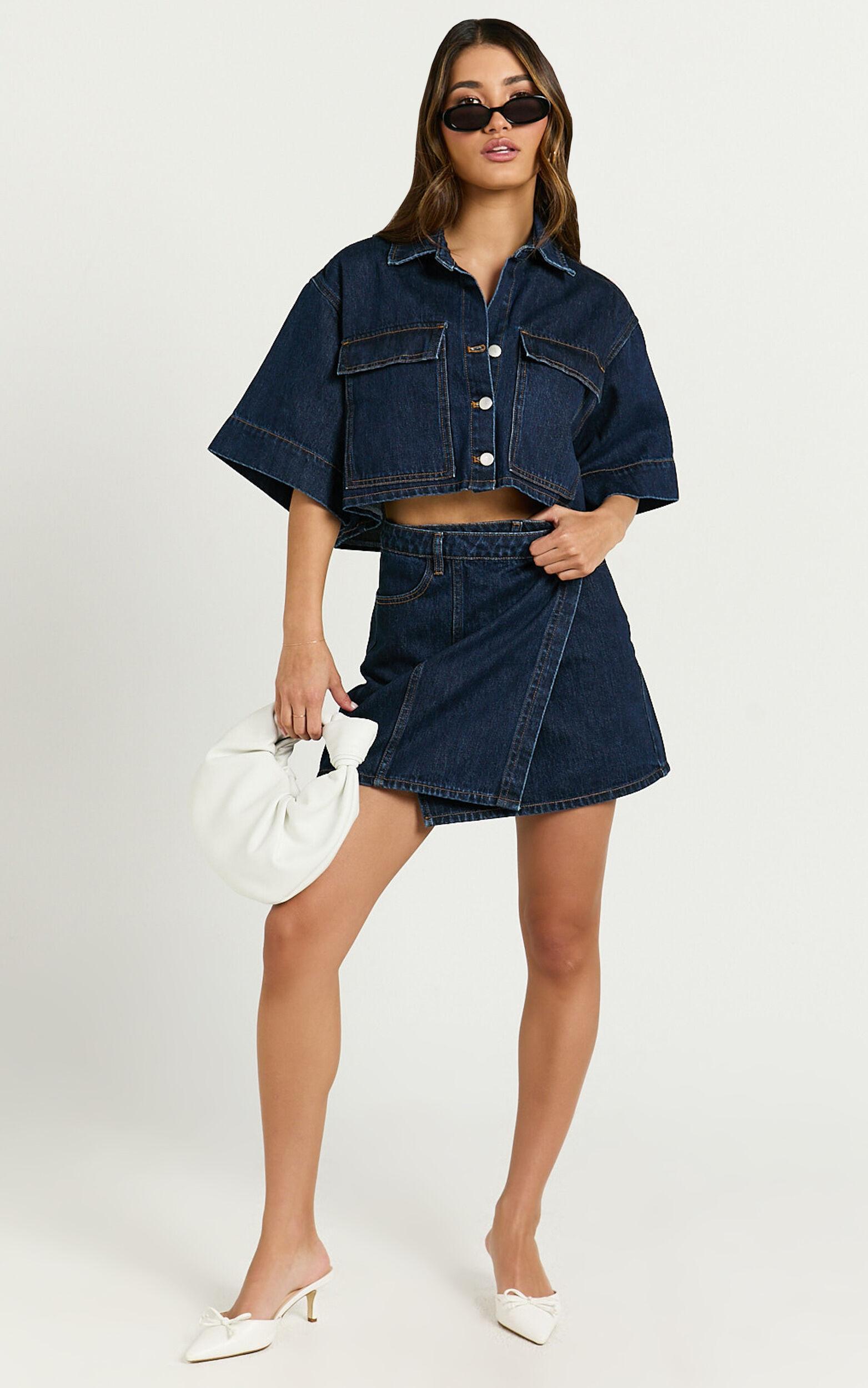 Katherine Top - Crop Button Down Collared Recycled Denim Short Sleeve Top in Dark Blue Wash Product Image