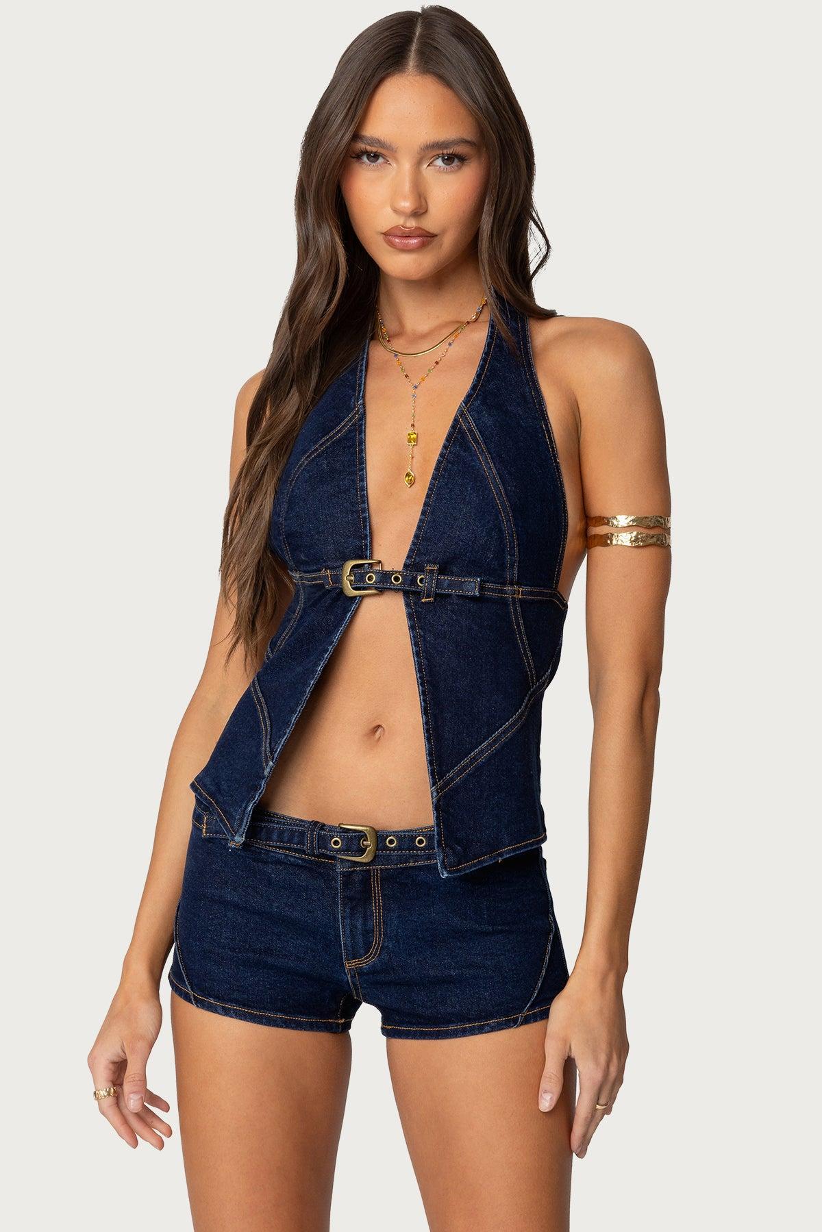 Ciel Split Front Denim Halter Top Product Image