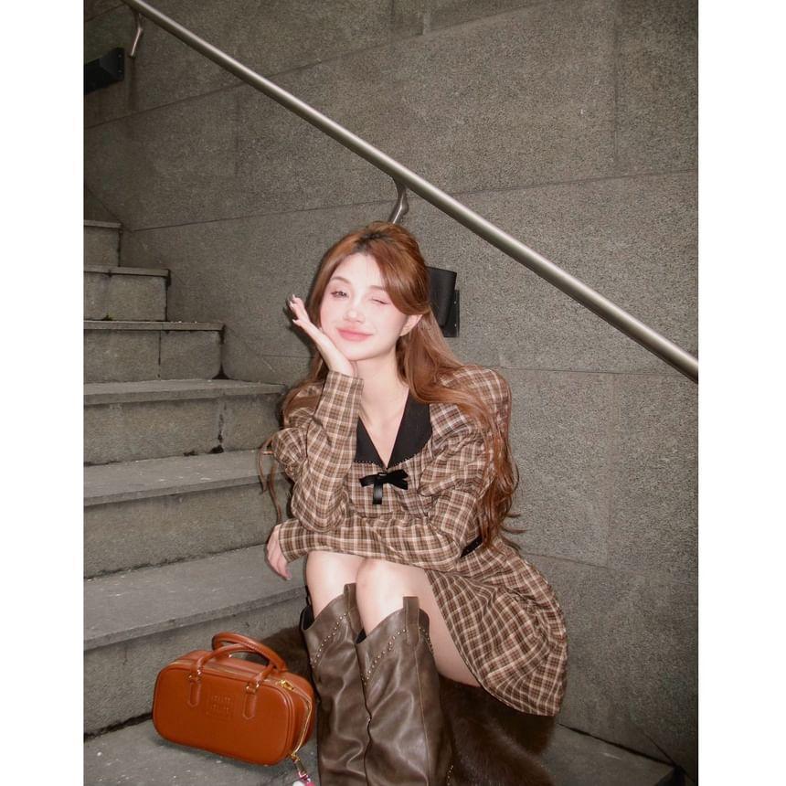 Long-Sleeve Contrast Collar Plaid Bow Mini A-Line Dress / Plain Fluffy Jacket / Belt Product Image