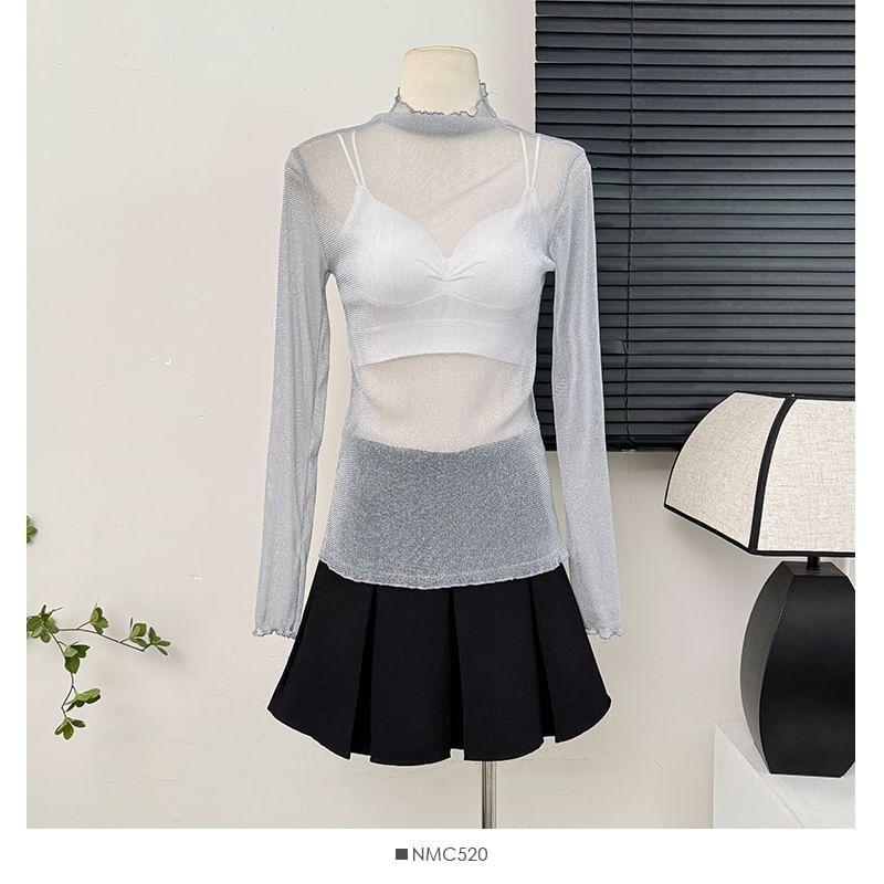 Glitter Mock-Neck Sheer Mesh Top in 9 Colors Product Image