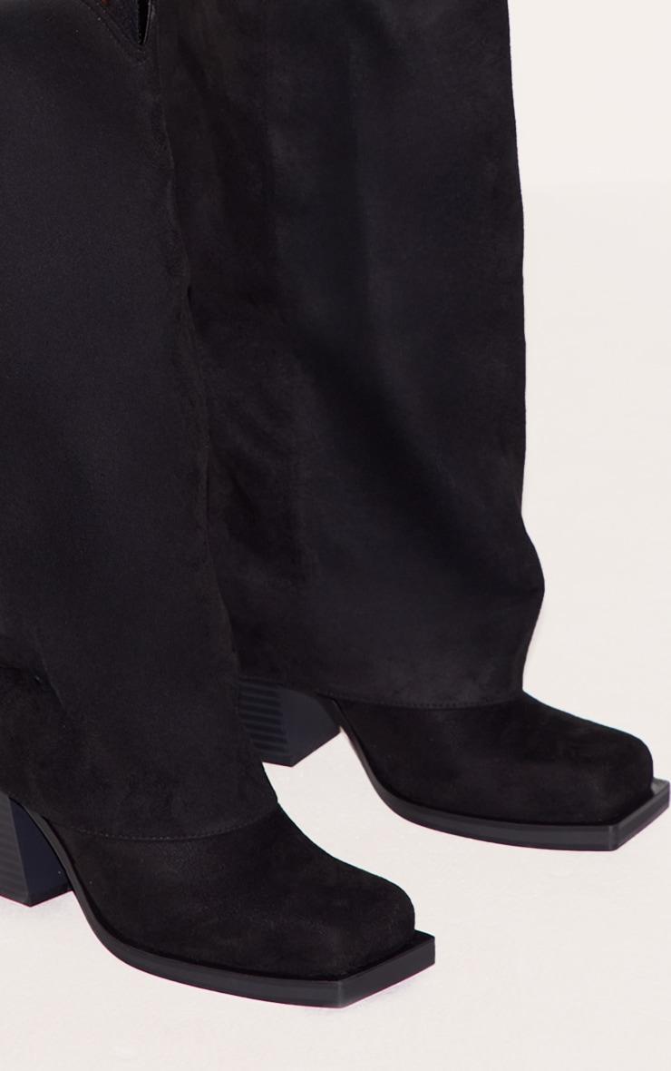 Black Suede Square Toe Fold Over Knee High Block Heel Western Boots Product Image