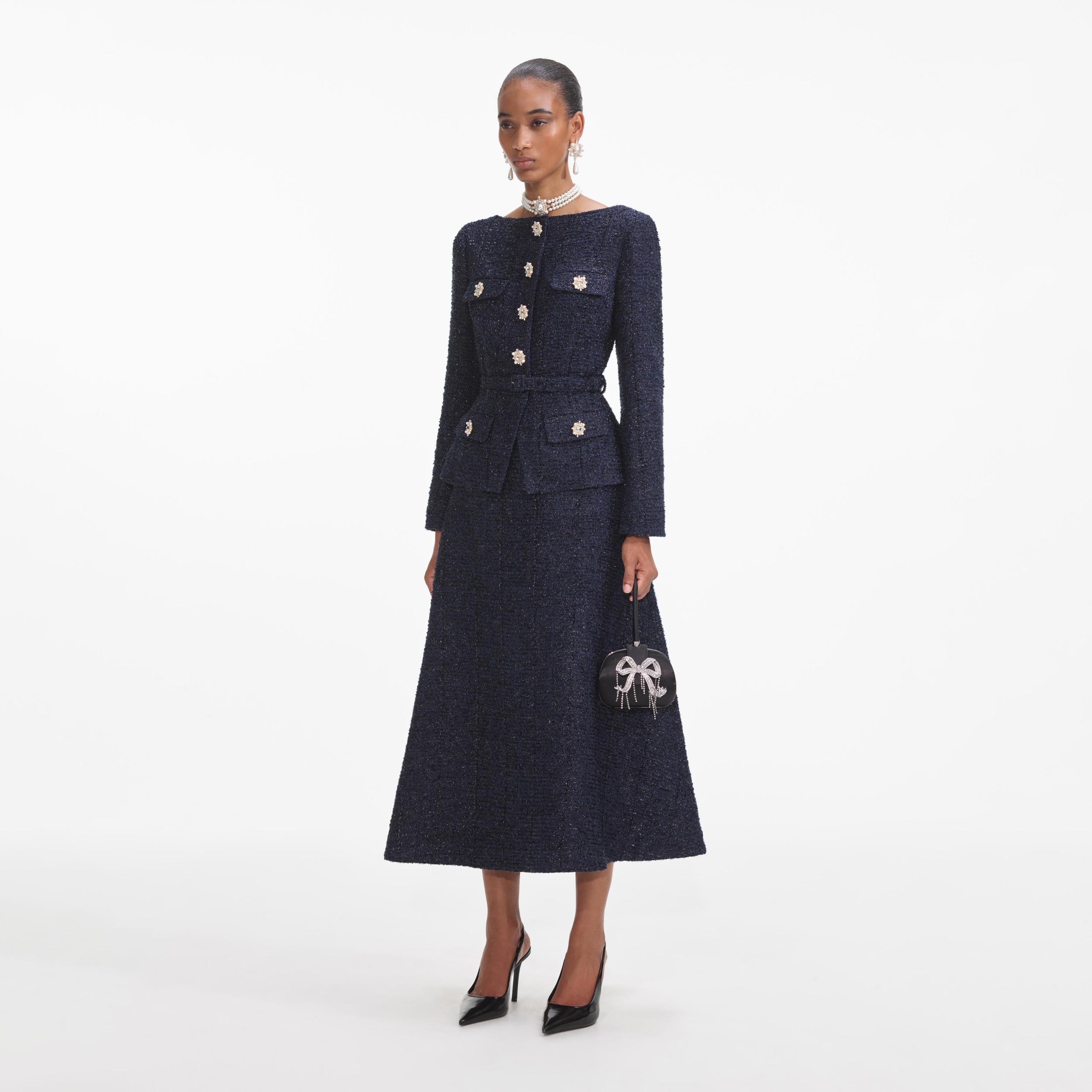 Navy Metallic Boucle Midi Dress Product Image