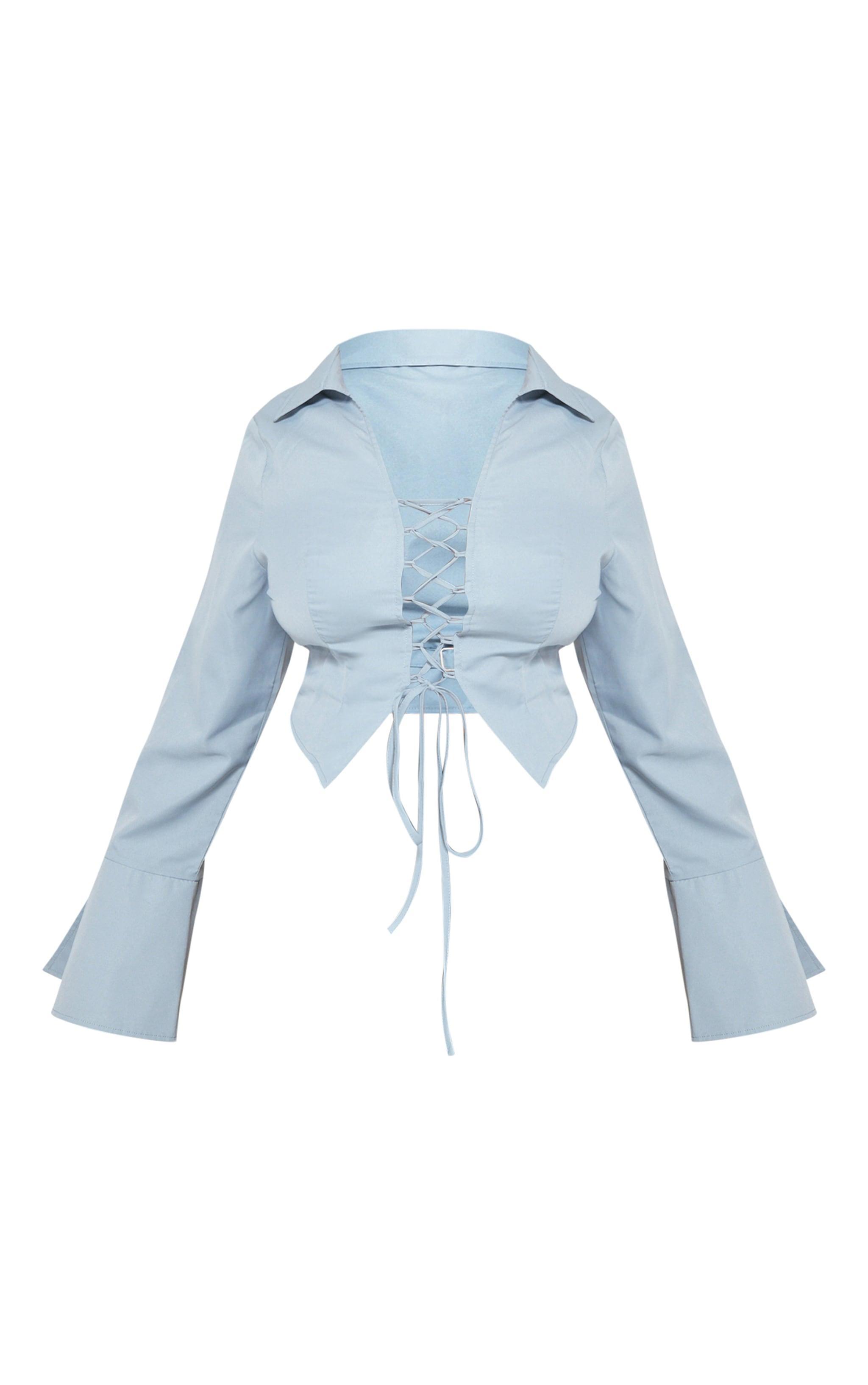 Plus Blue Flared Sleeve Lace Up Shirt Product Image