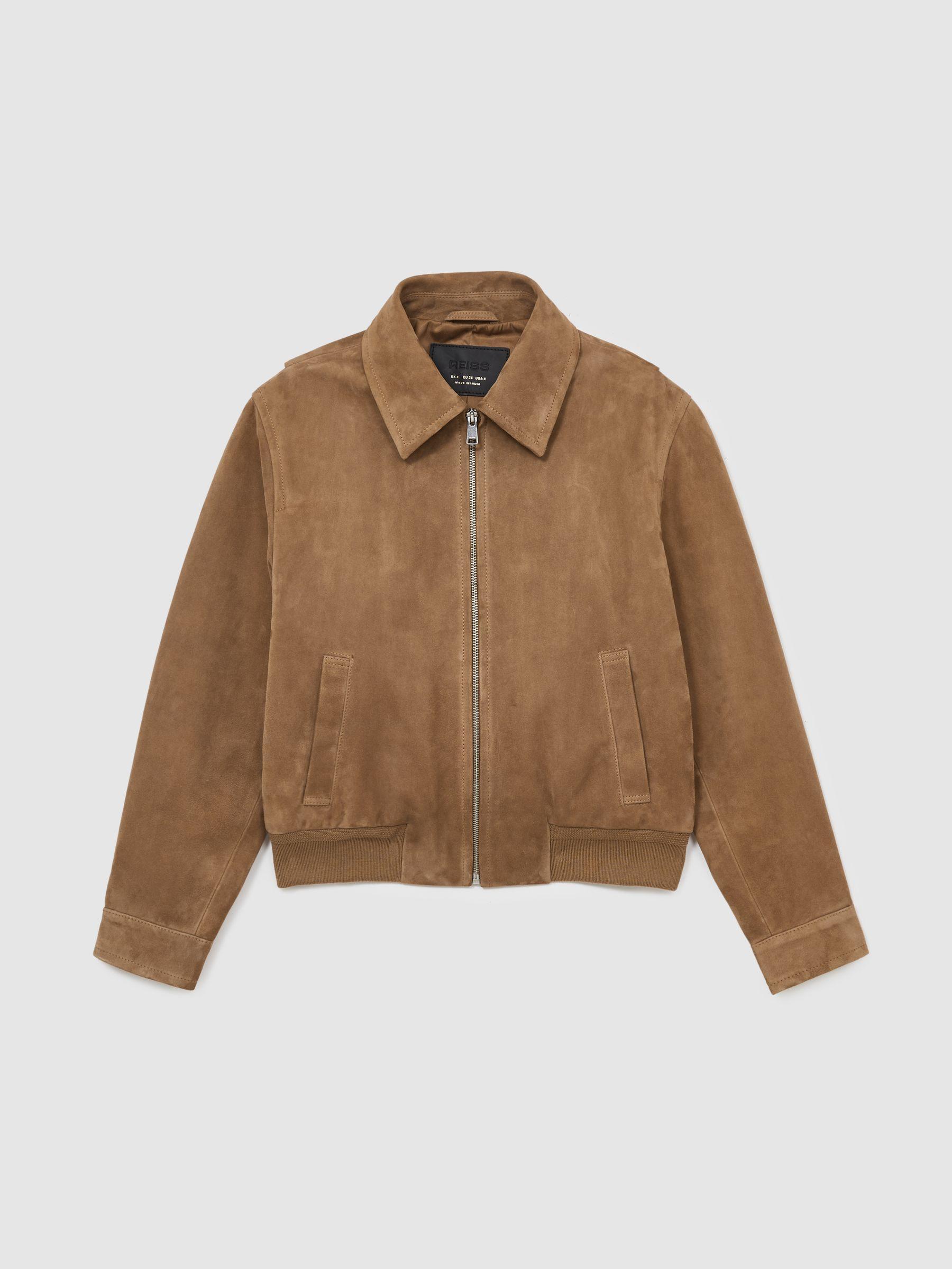 Suede Zip Through Bomber Jacket in Tan Product Image