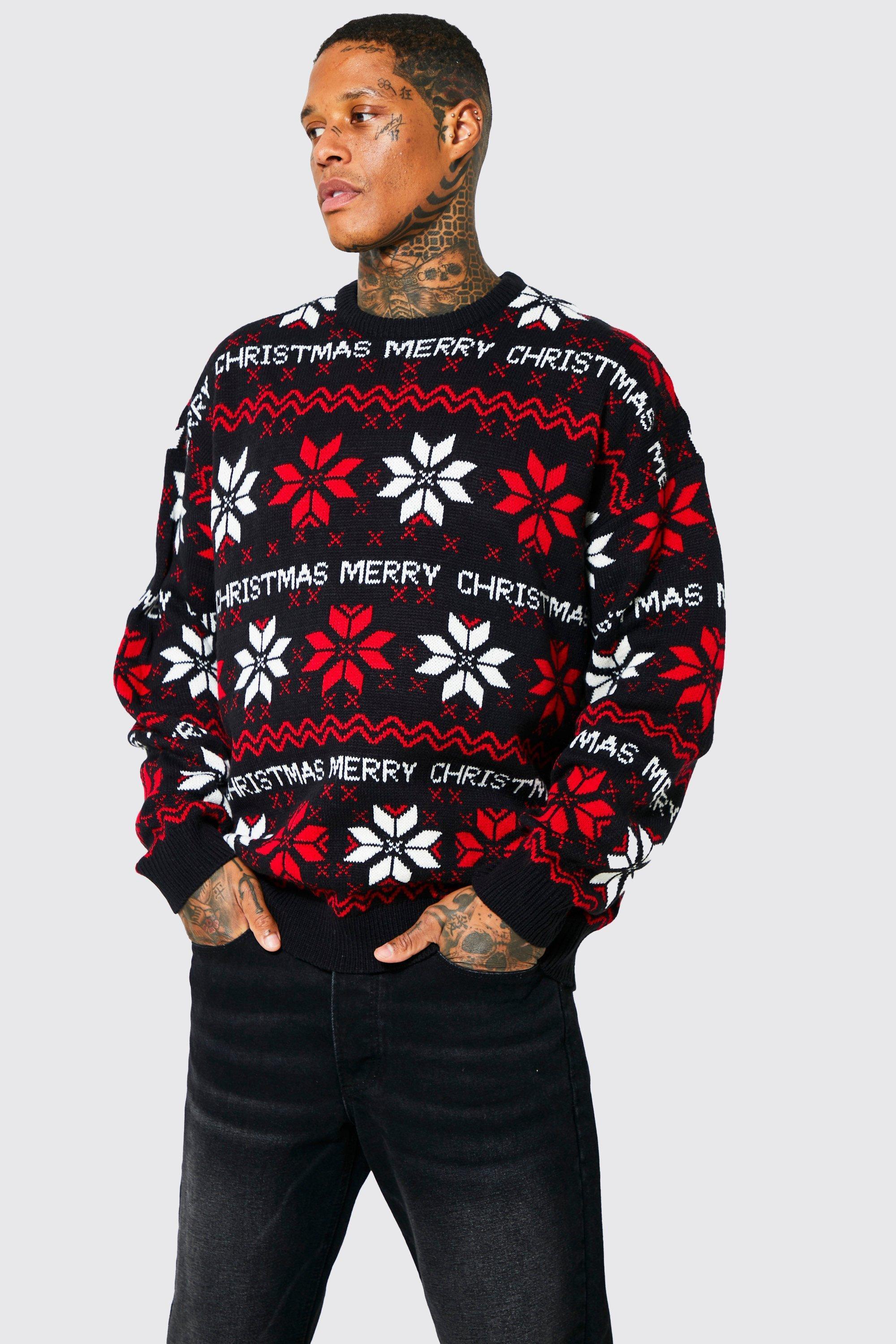 Mens Black Oversized Merry Christmas Fairisle Jumper, Black Product Image