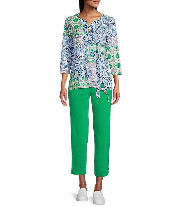 Allison Daley Petite Size Tile Block Print 3/4 Sleeve Split V-Neck Tie Hem Knit Top Product Image