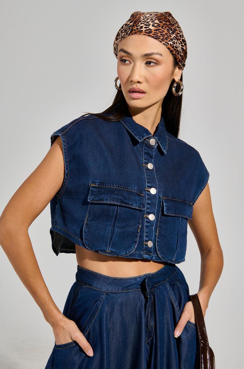 CARRIE BUTTON DOWN DENIM VEST TOP Product Image