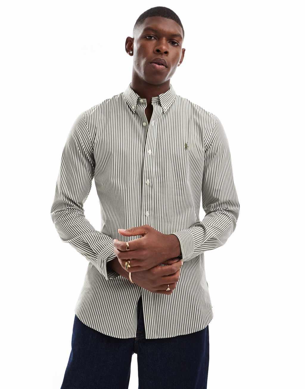 Polo Ralph Lauren icon logo slim fit stripe poplin shirt in olive green/white Product Image