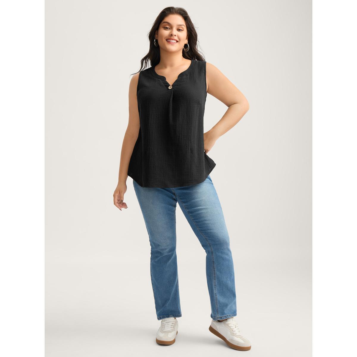 Plus Size Cotton Button Front Solid Tank Top Women Black Leisure Texture Flat collar with V-notch Casual Tank Tops Camis BloomChic 28/5X Product Image