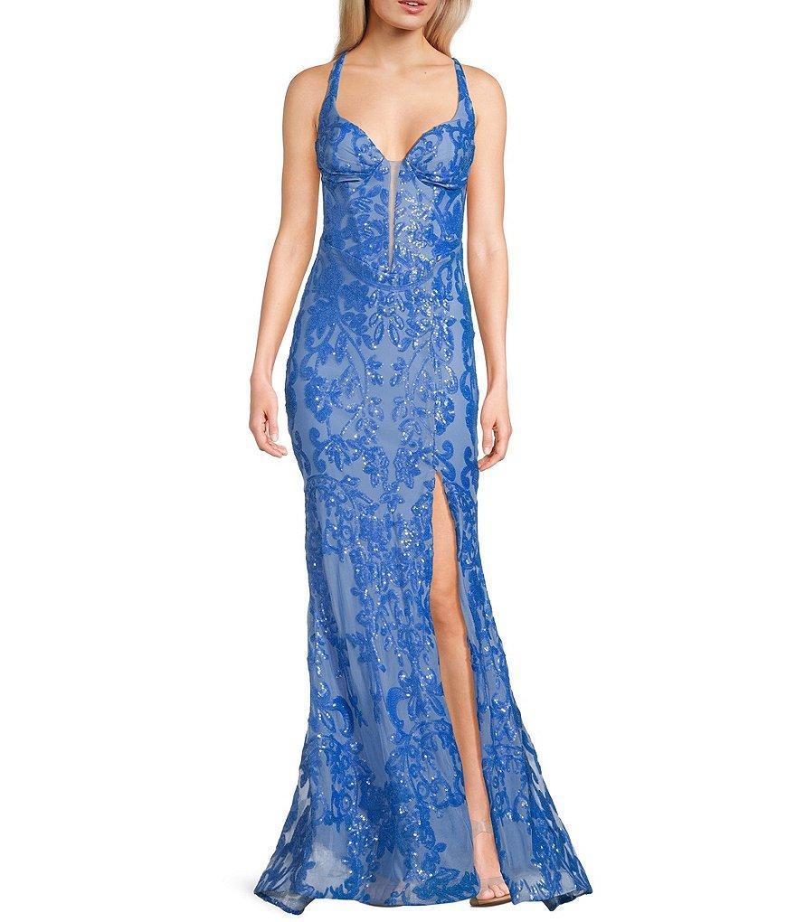 B. Darlin Sequin Pattern V-Neck Inset Corset Bodice Open Back Dress Product Image