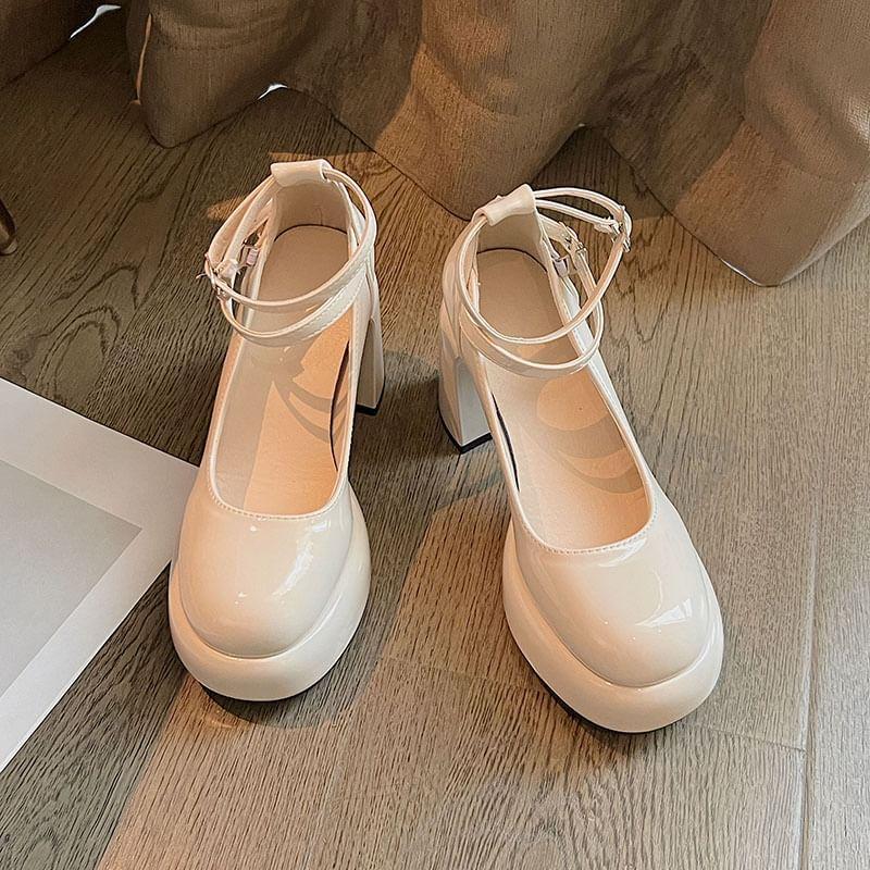 Platform Ankle Strap Patent Leather Block Heel Pumps Product Image