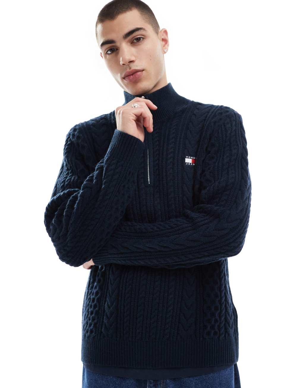 Tommy Jeans cable knit 1/4 zip sweater in navy Product Image