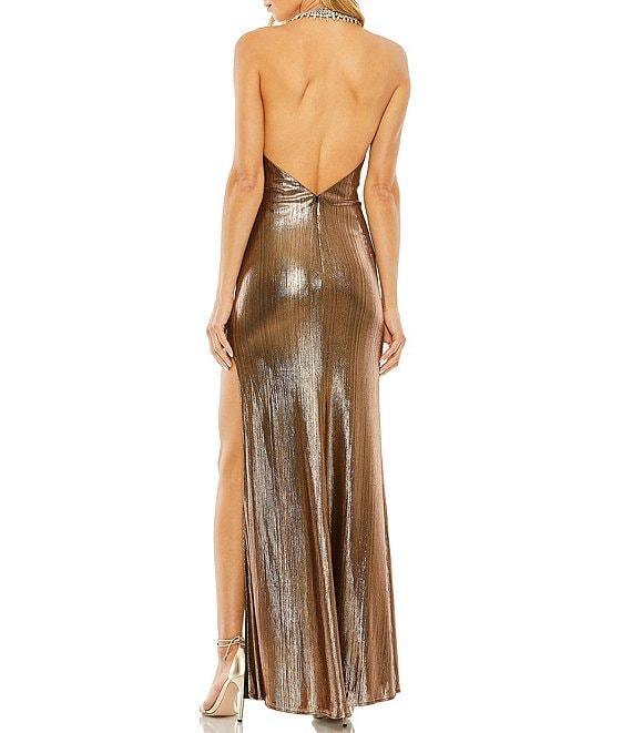 Mac Duggal Metallic Halter Crystal Neck Sleeveless Low Back Side Slit Gown Product Image