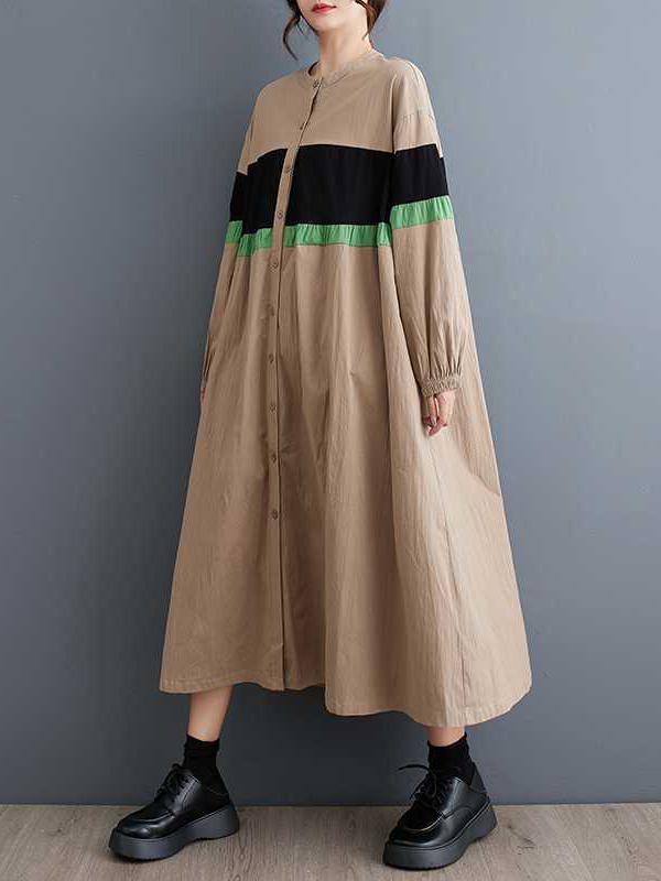 Long Sleeves Loose Buttoned Contrast Color Elasticity Split-Joint Round-neck Midi Dresses Product Image