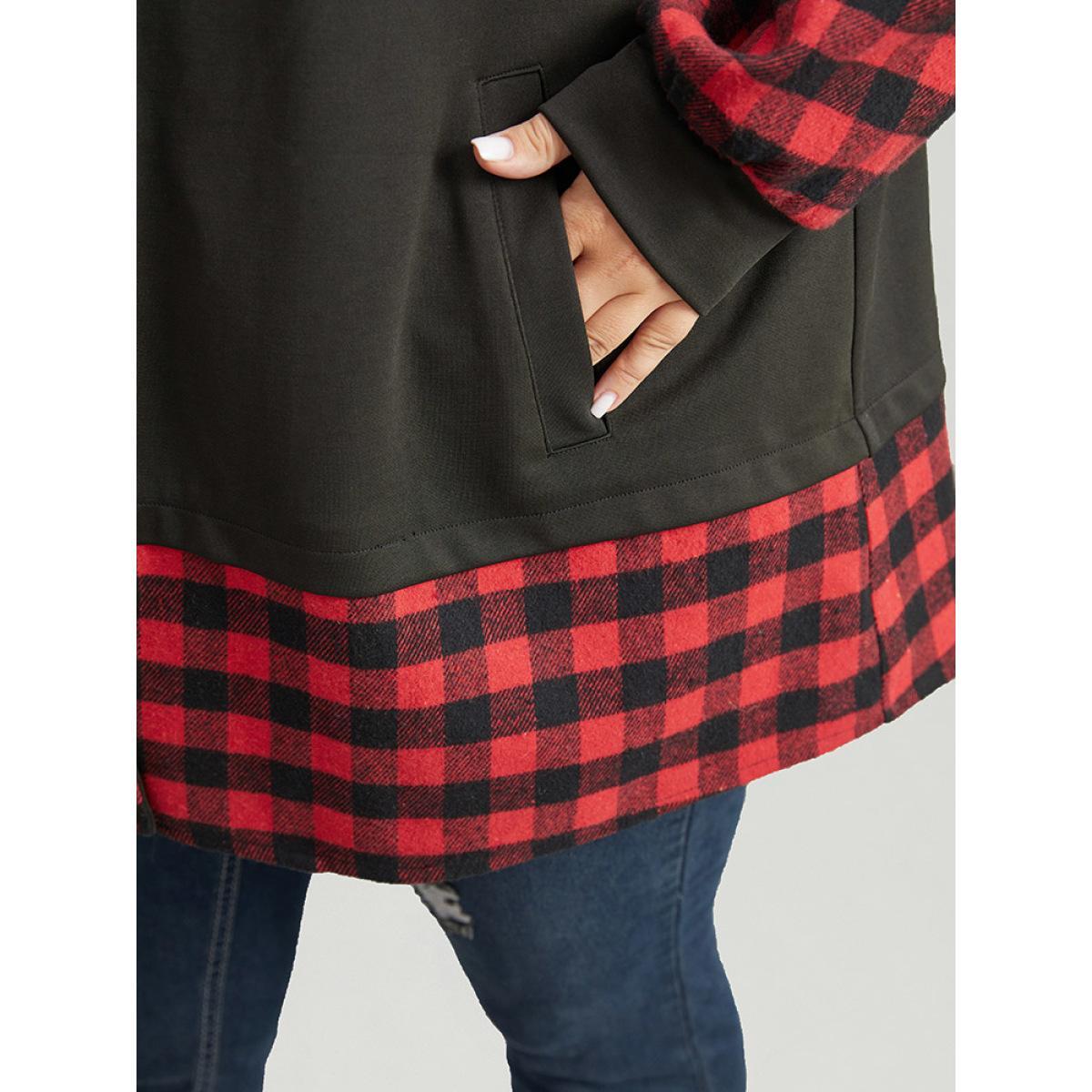 Plus Size Gingham Patchwork Hooded Zipper Contrast Coat Women Red Contrast Pocket Dailywear Jackets BloomChic 22-24/3X Product Image