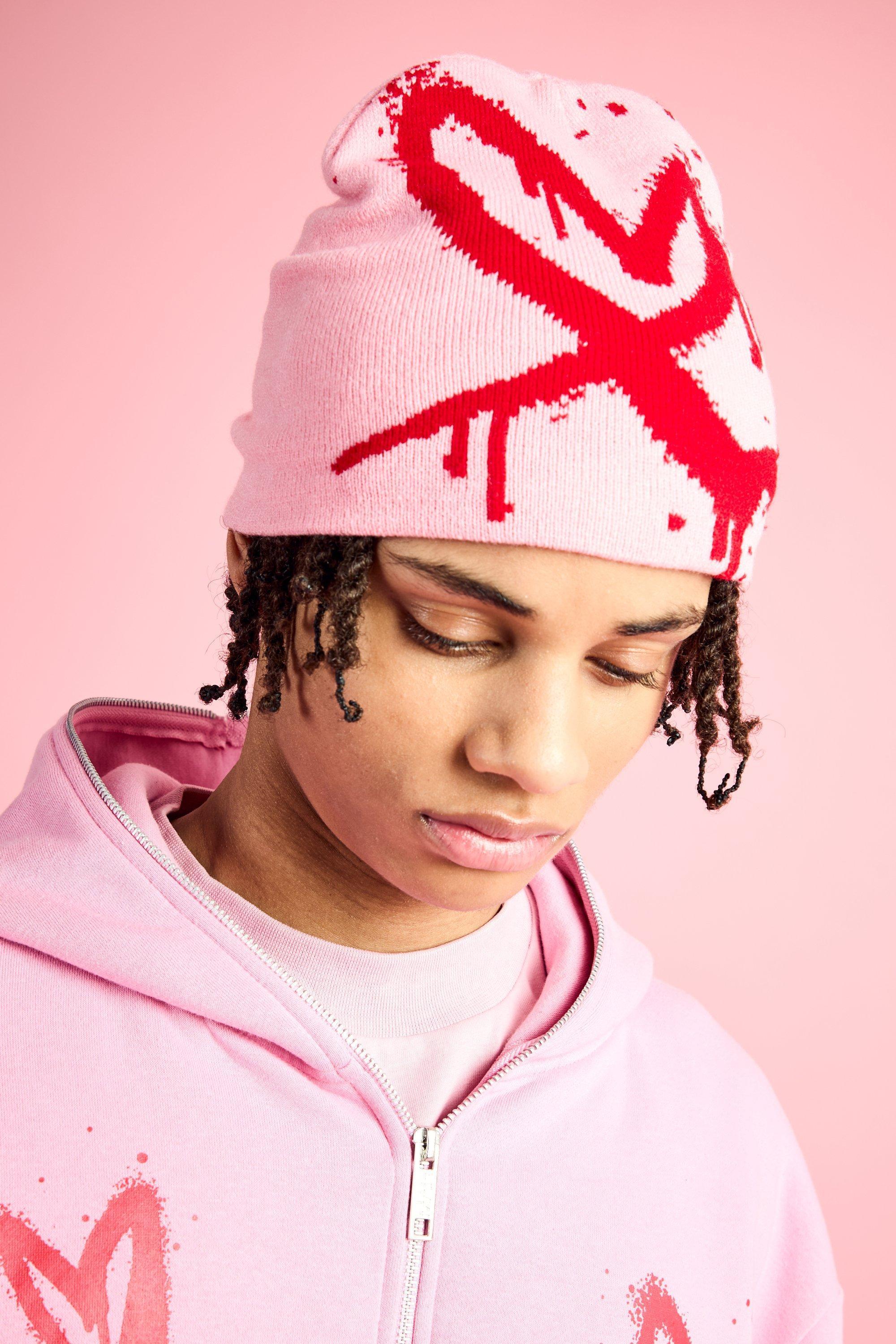 Mens Pink Spray Heart Graphic Beanie, Pink Product Image