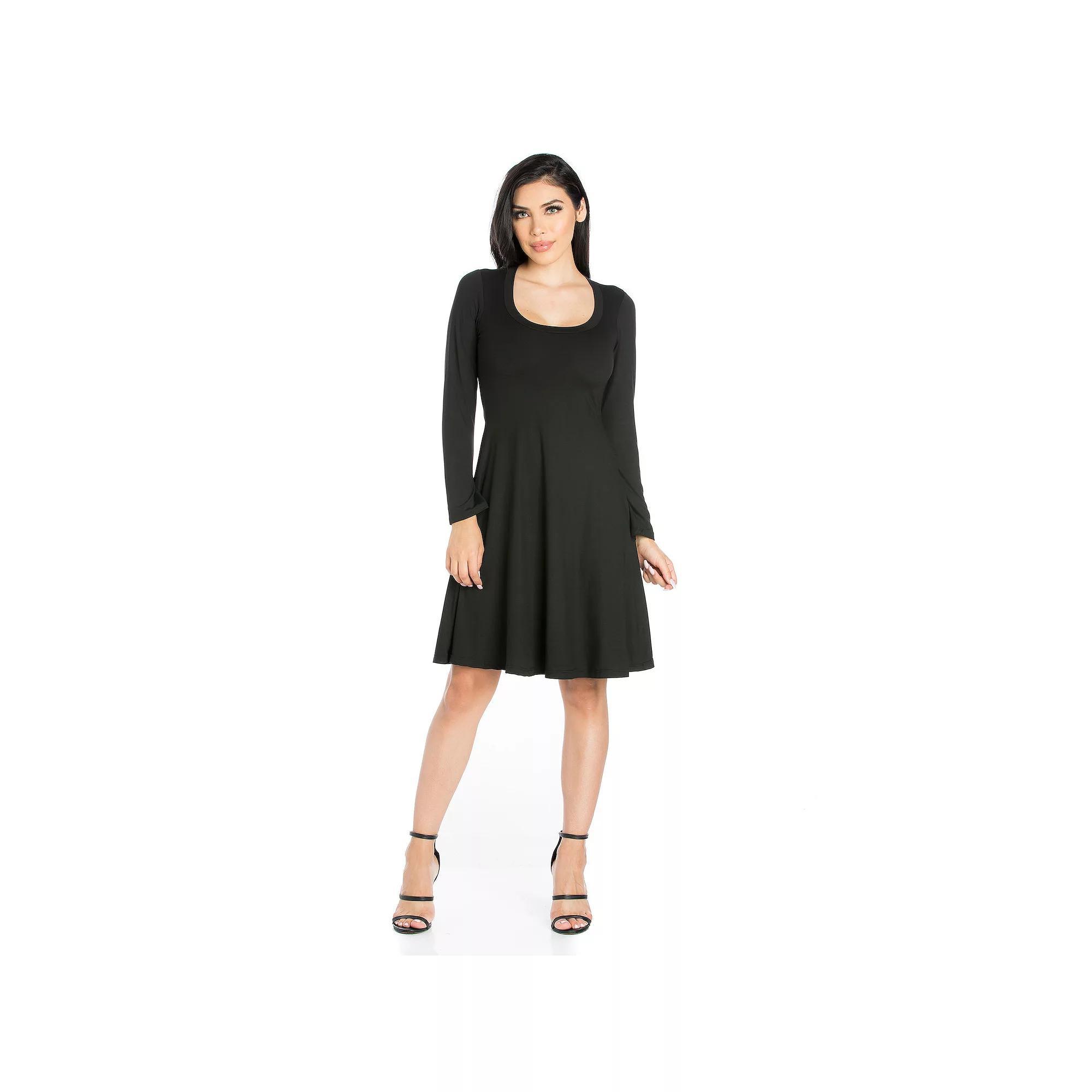 Women's 24seven Comfort Apparel Classic Scoopneck Long Sleeve Flared Mini Dress,  Product Image